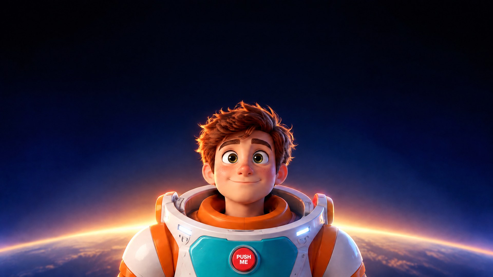 A 3D boy cadet in a white, orange and teal spacesuit above a glowing planet horizon